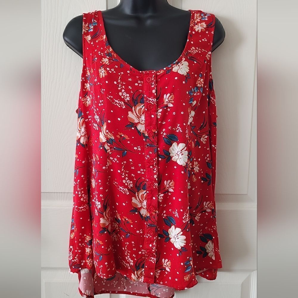 Torrid Challis Button Front Fit and Flare Tank Adjustable Straps Red Floral Sz 1 - Picture 6 of 7